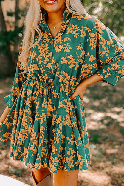 Pink Floral Print Drawstring Tunic Flowy Short Dress - Aaria Tees