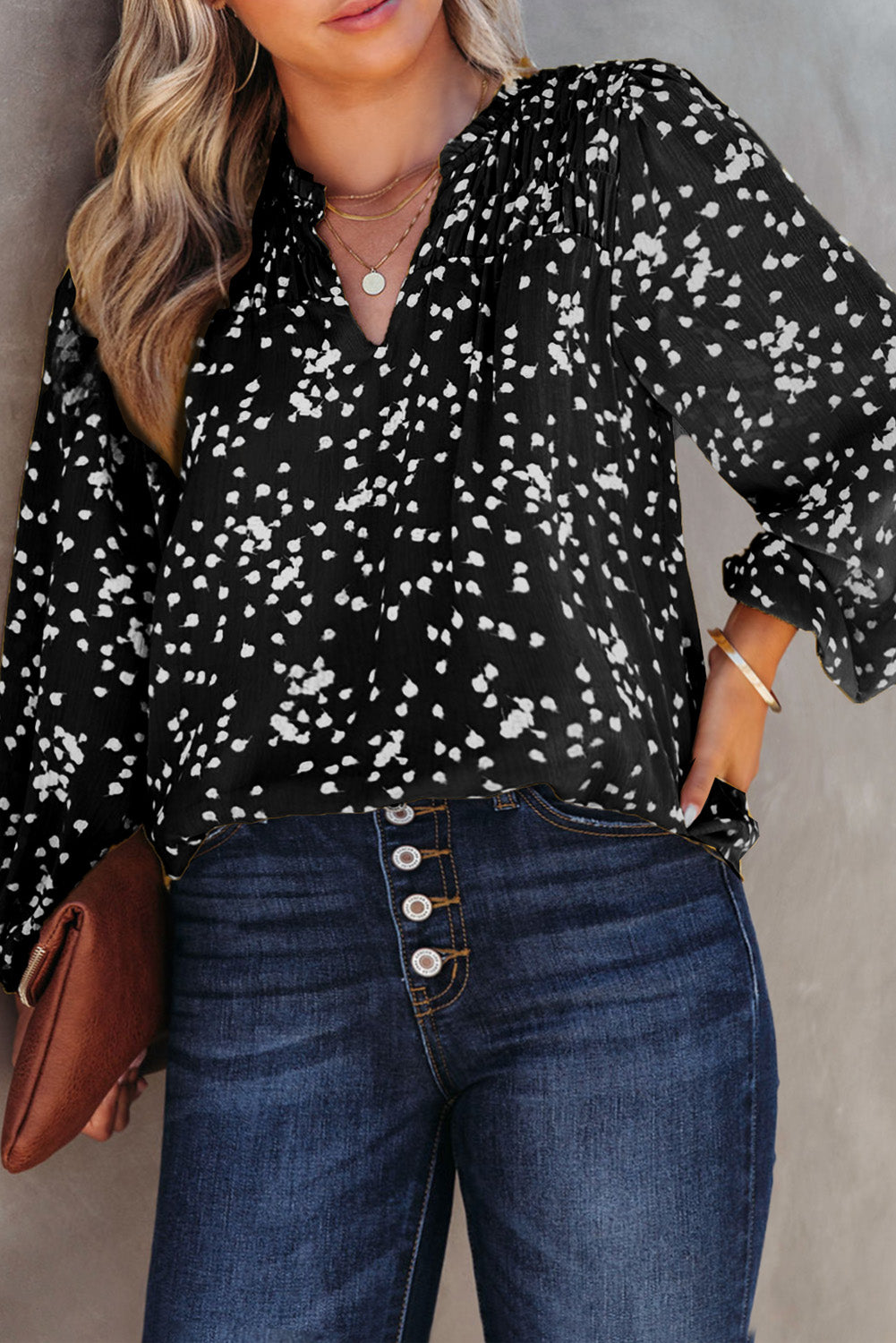 Black Plus Size Floral Print Ruched Split Neck Blouse Aaria Tees