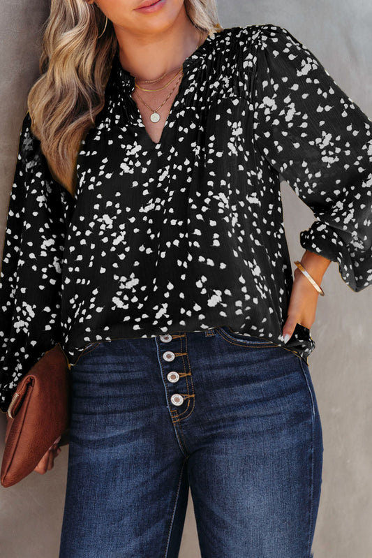 Black Plus Size Floral Print Ruched Split Neck Blouse Aaria Tees