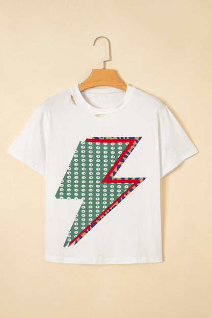 White Rhinestone Decor Bolt Graphic Ripped Western Tee