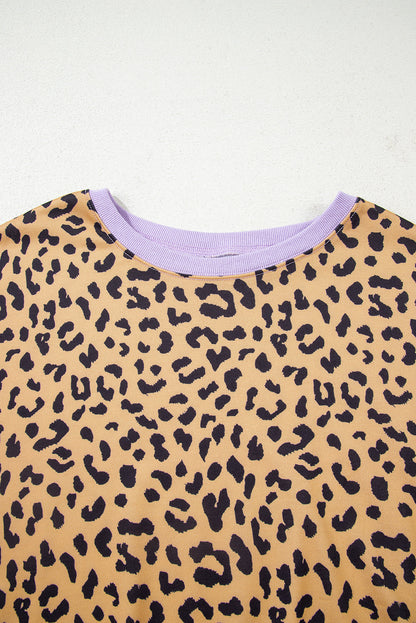 Plus Size Leopard Stripe Patchwork Side Slit Sweatshirt