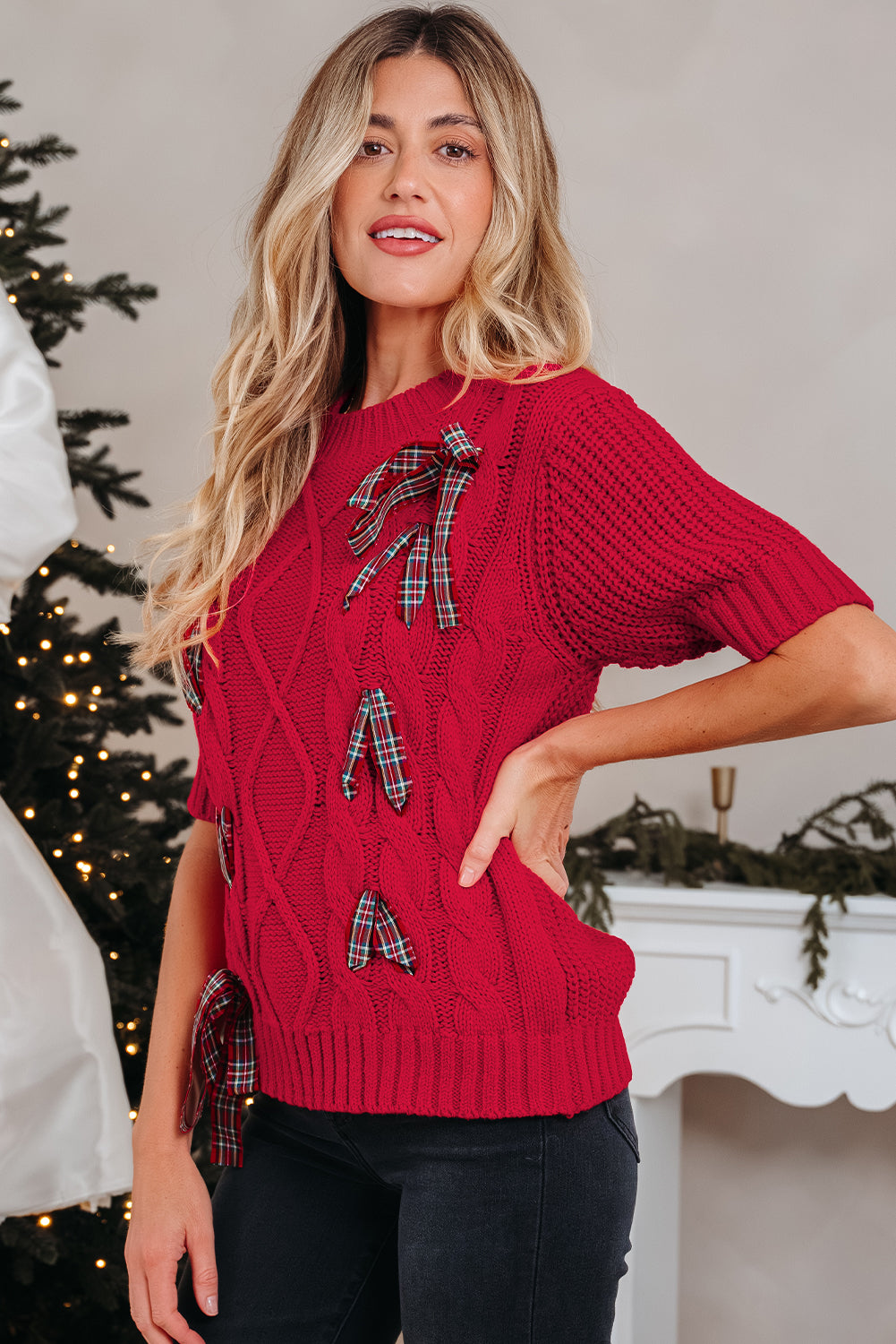 Fiery Red Plaid Lace up Detail Christmas Holiday Puff Short Sleeve Sweater