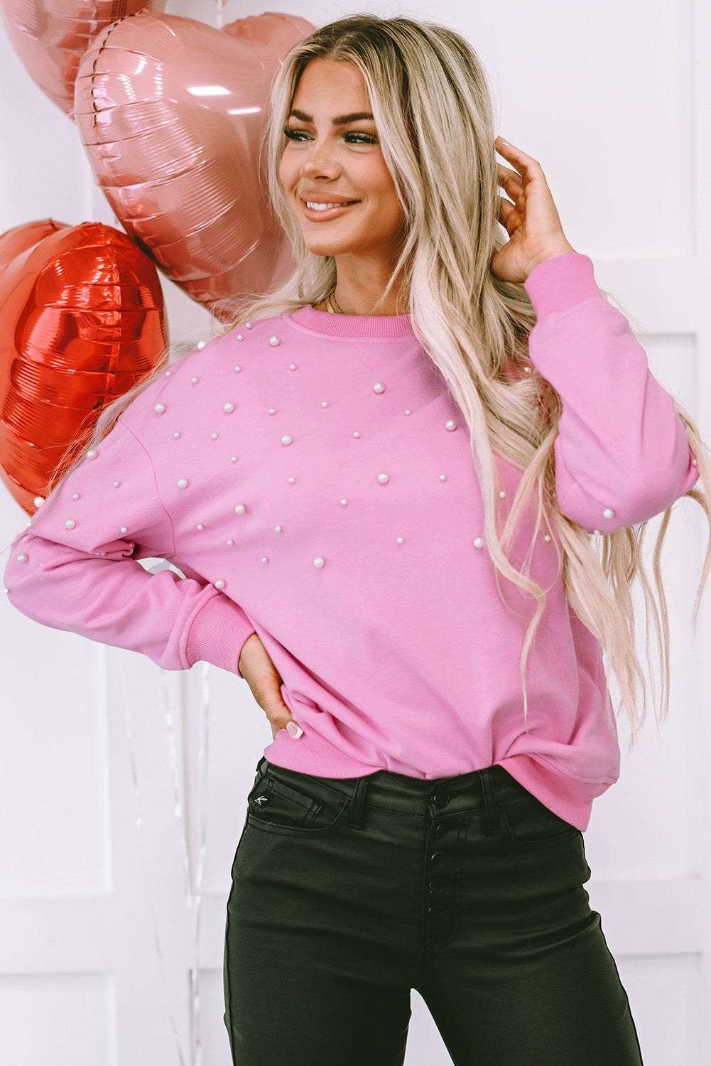 Lilah Pearl Detail Ribbed Crew Neck Sweatshirt - Aaria Tees Aaria Tees