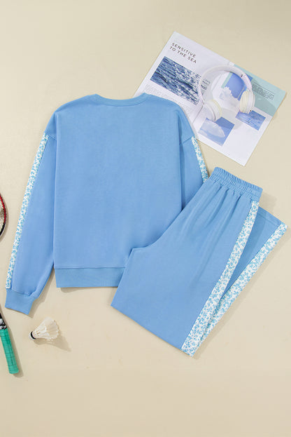 Beau Blue Floral Patchwork Drop Shoulder Pullover and Sweatpants Lounge Set