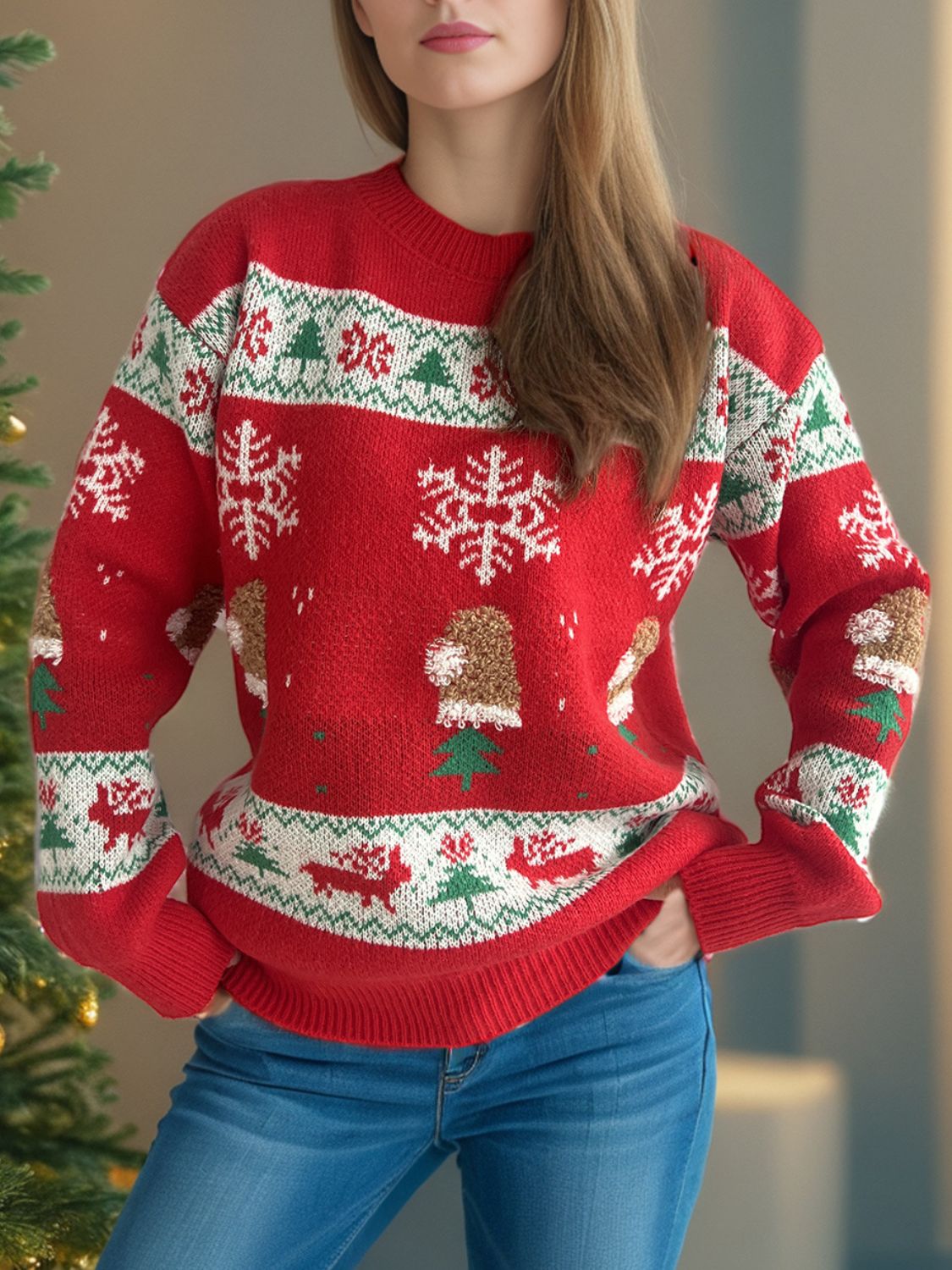 Christmas Element Round Neck Long Sleeve Sweater