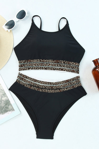 Edith Leopard Mesh Trim 2pcs Bikini Swimsuit