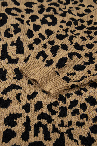 Leopard Ribbed Trim Crewneck Drop Shoulder Sweater