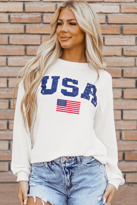 White USA Flag Corded Graphic Sweatshirt - Aaria Tees