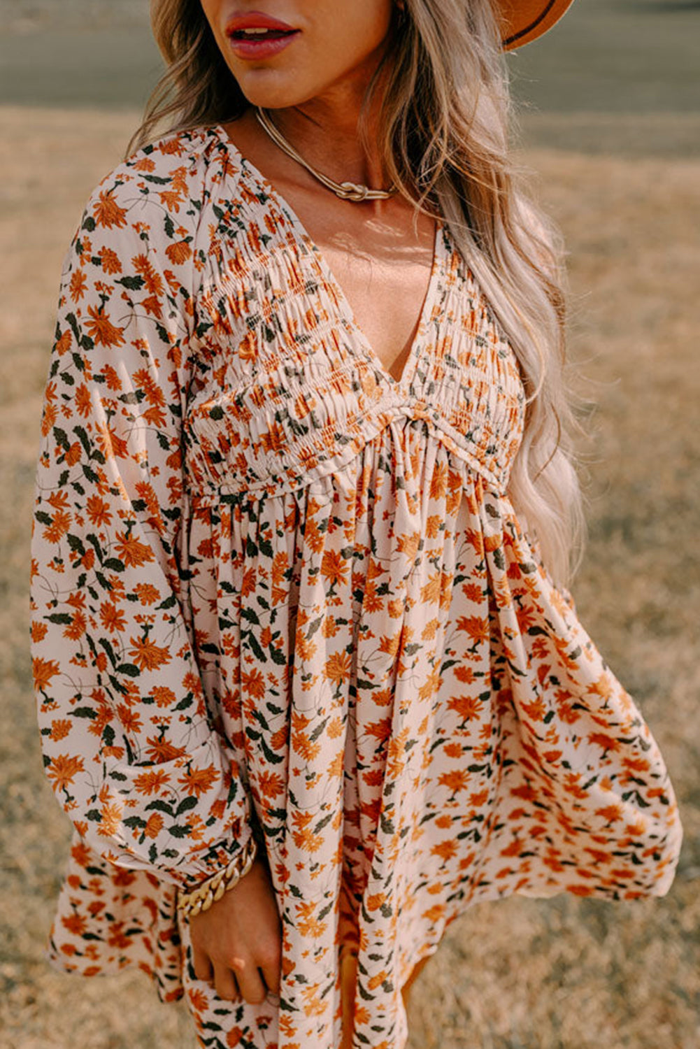 Beige Floral Deep V Neck Smocked Bust Bubble Sleeve Babydoll Dress Aaria Tees