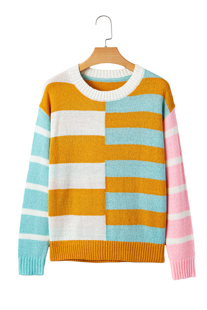 Jurassic Gold Color Block Striped Pullover Sweater
