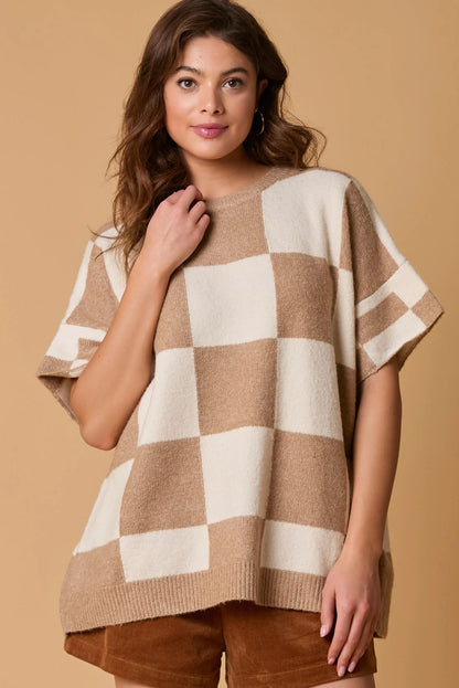 Light French Beige Checkered Pattern Loose Drop Shoulder Half Sleeve Sweater