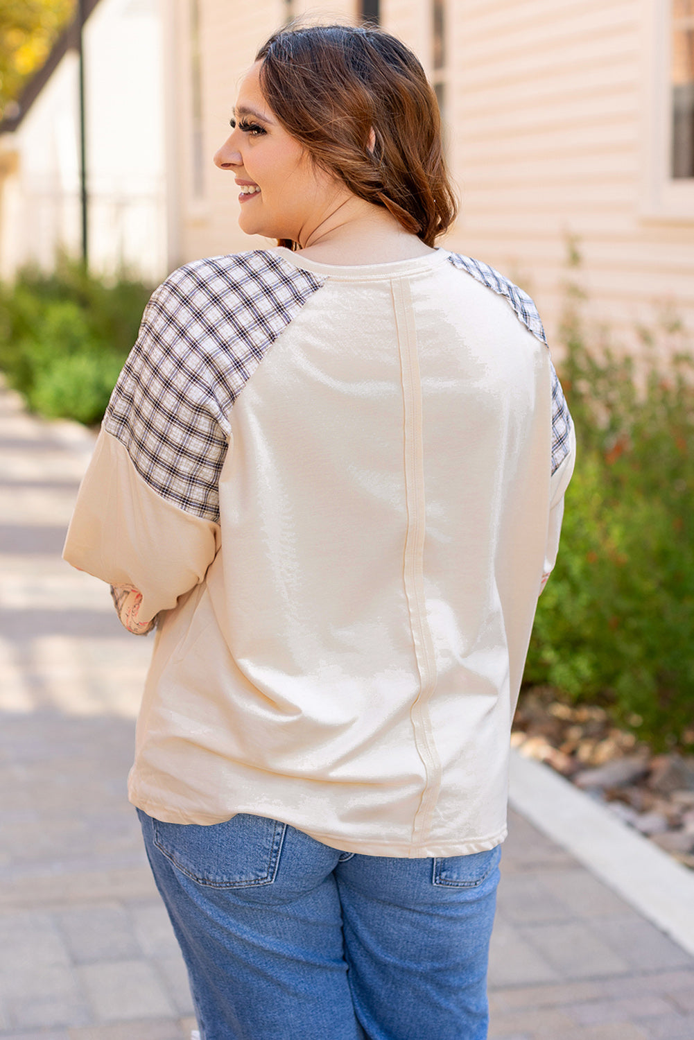 Beige Plaid Floral Peace Heart Graphic Wide Long Sleeve Top - Aaria Tees