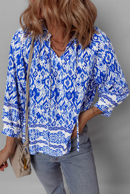 Blue Boho Printed 3/4 Sleeve Tied Neck Blouse Aaria Tees