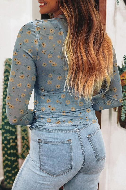 Sky Blue Vintage Floral Print Southern Style Mesh Long Sleeve Top