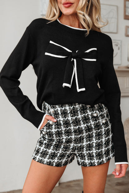 Bow Contrast Trim Long Sleeve Cropped Christmas Sweater