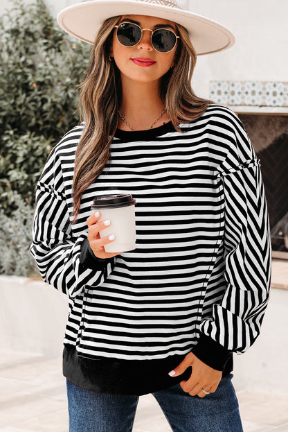 Black Stripe Exposed Seam Drop Shoulder Casual Pullover Top