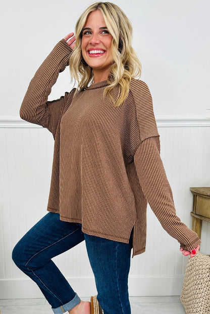 Dark Khaki Twist Ribbed Exposed Seam Detail Long Sleeve Loose Top