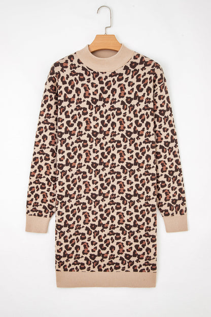 Leopard High Neck Long Sleeve Sweater Dress