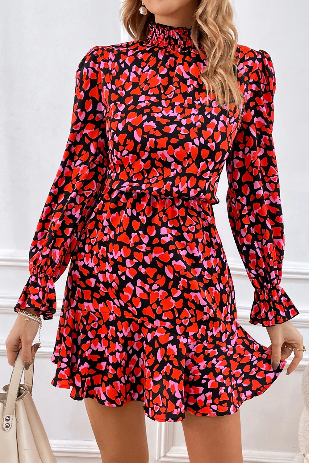 Red Valentines Day Heart Shape Print Long Sleeve Mini Dress Aaria Tees