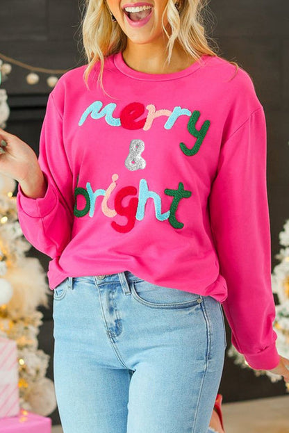 Rose Red Merry & Bright Christmas Letter Graphic Sweatshirt