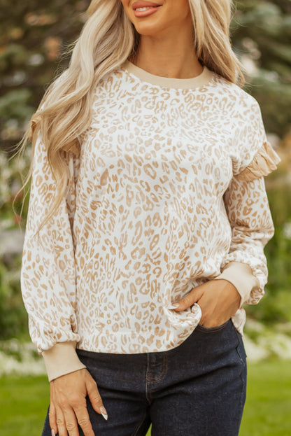 Khaki Leopard Ruffle Detail Ribbed Trim Round Neck Sweatshirt