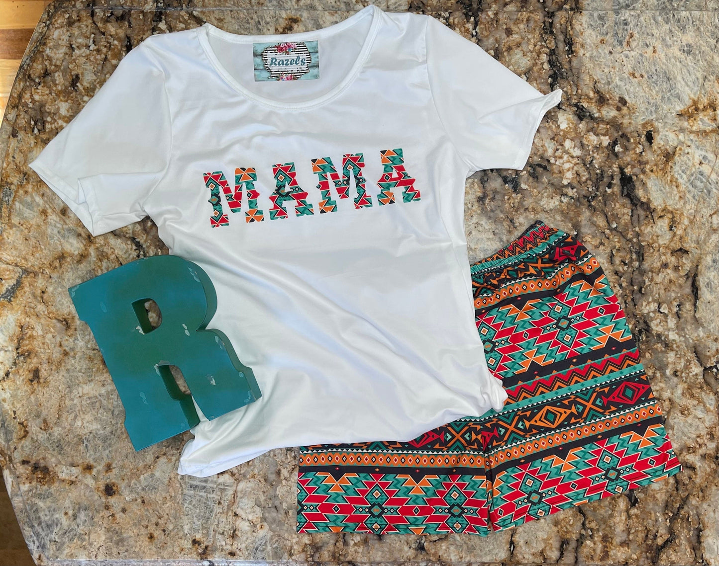 Cowgirl Mama Short Set – Aztec Print Biker Shorts & Western Graphic Tee | Western Mom Outfit, Southwestern Lounge Set, Boho Biker Shorts
