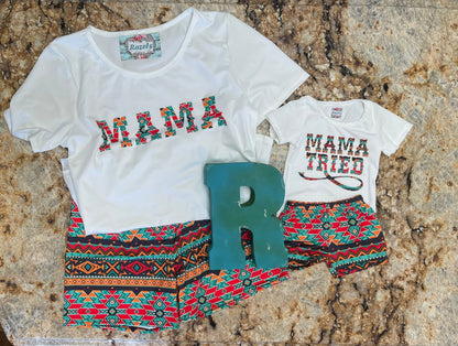 Cowgirl Mama Short Set – Aztec Print Biker Shorts & Western Graphic Tee | Western Mom Outfit, Southwestern Lounge Set, Boho Biker Shorts
