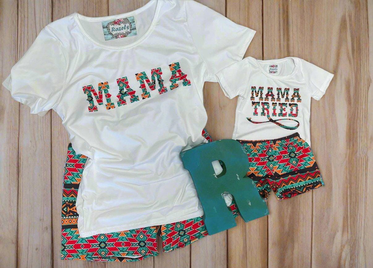 Cowgirl Mama Short Set – Aztec Print Biker Shorts & Western Graphic Tee | Western Mom Outfit, Southwestern Lounge Set, Boho Biker Shorts