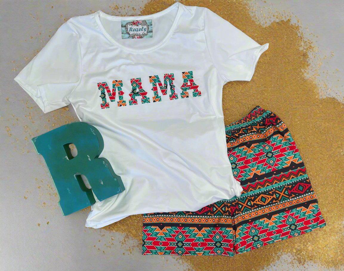 Cowgirl Mama Short Set – Aztec Print Biker Shorts & Western Graphic Tee | Western Mom Outfit, Southwestern Lounge Set, Boho Biker Shorts