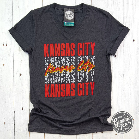 Kansas City Stacked With Leopard Dark Grey Heather V Neck Short Sleeve Tee
