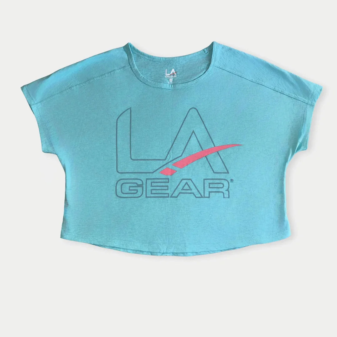 LA Gear Women’s Cropped Tee | Light Aqua with Slate x Pink Logo