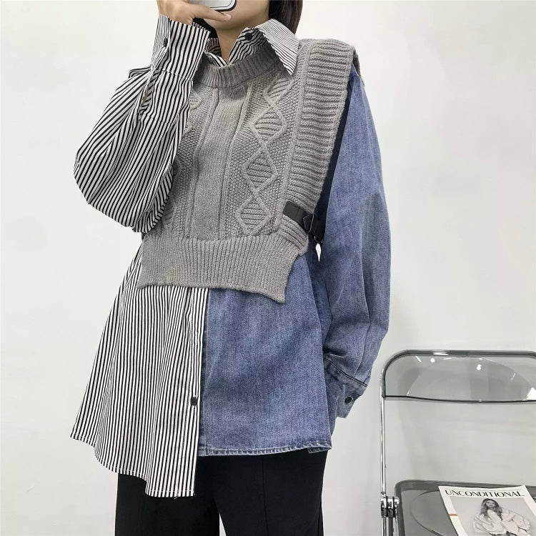 Long Sleeve Oversized Knitted Patchwork Women's Sweater - Aaria Tees