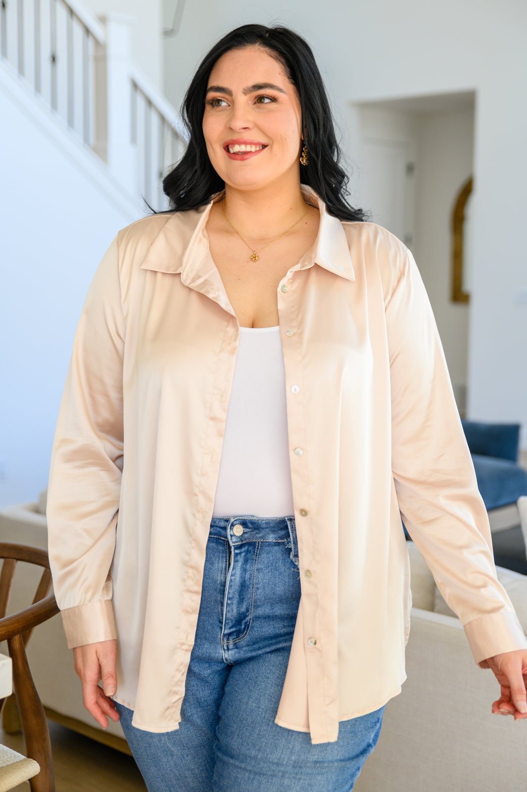 Loved For Years Satin Button Up In Beige (Online Exclusive)