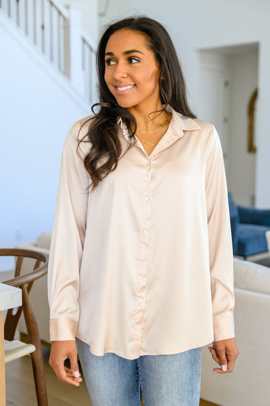 Loved For Years Satin Button Up In Beige (Online Exclusive)
