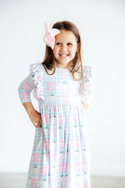 Pumpkin Picnic 3/4 Sleeve Ruffle Twirl Dress
