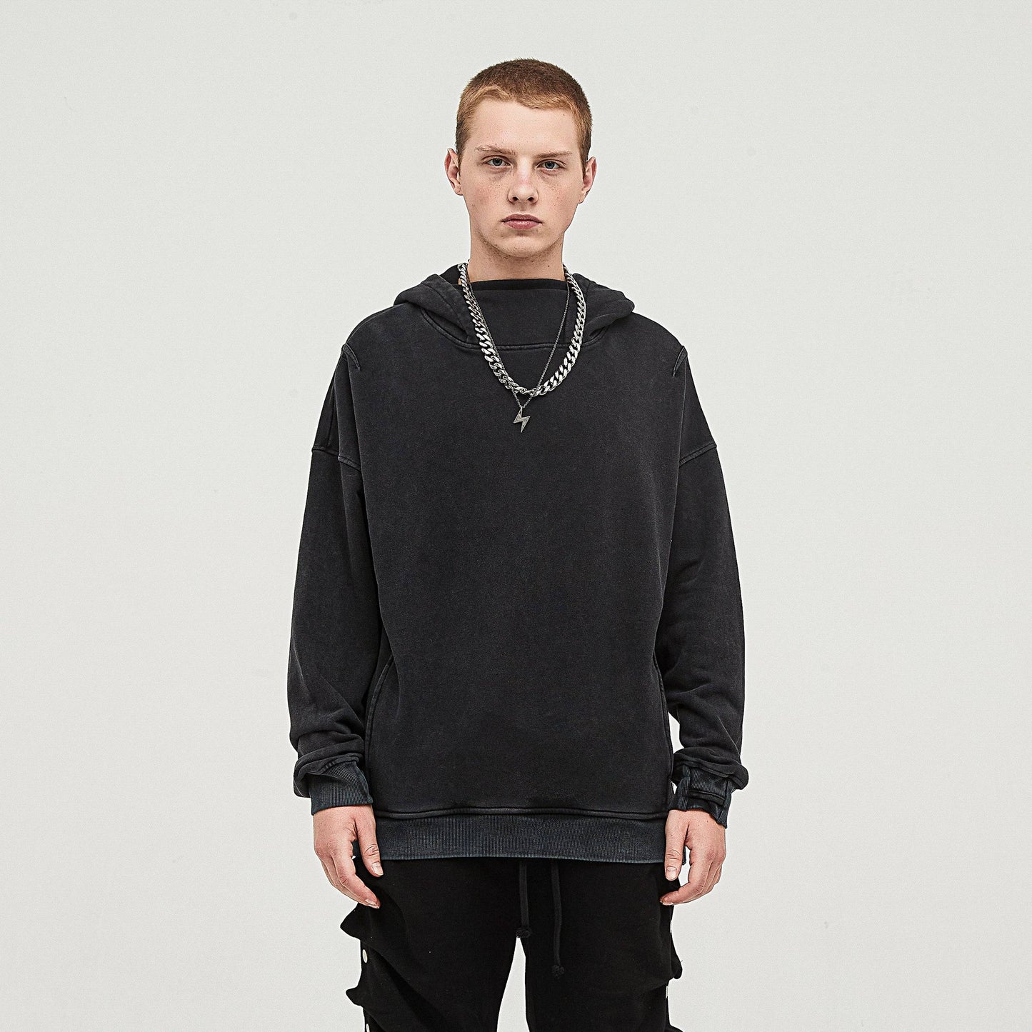 Men's Hoodie with Washed Slit Hem Turtleneck Design