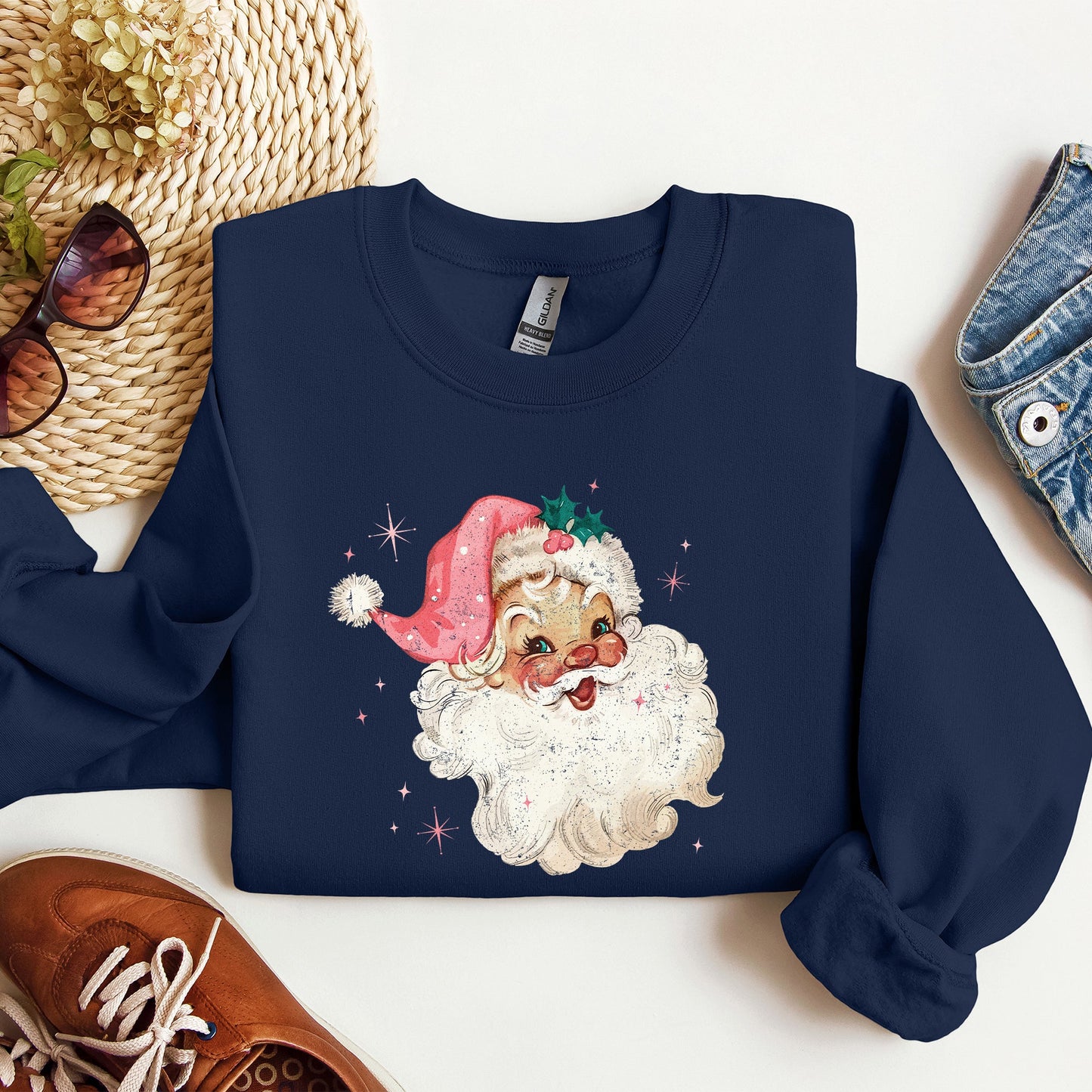Retro Santa Sweatshirt, Vintage Classic Christmas, Pink Star