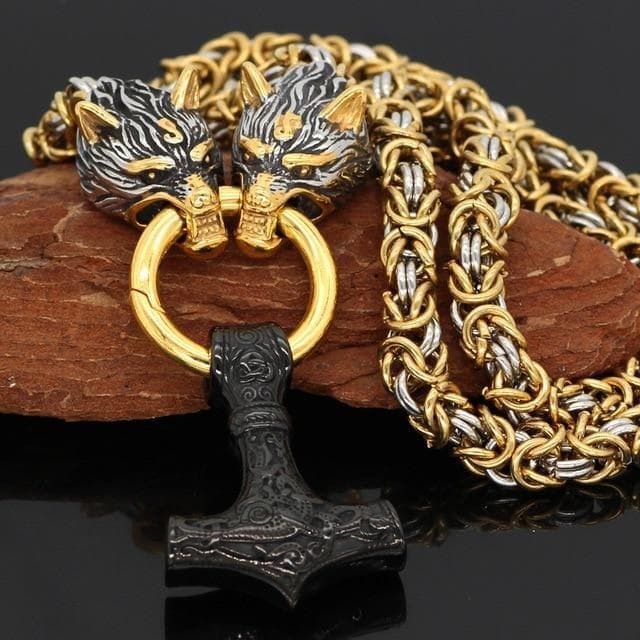 Vikings Wolf Head Mjolnir Byzantine Chain with Stainless Steel Necklace