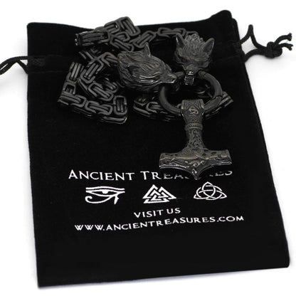 Vikings Wolf Head Mjolnir Stainless Steel Black Necklace