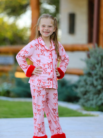 Christmas Bow Girls Pajama Set with Furry Trim