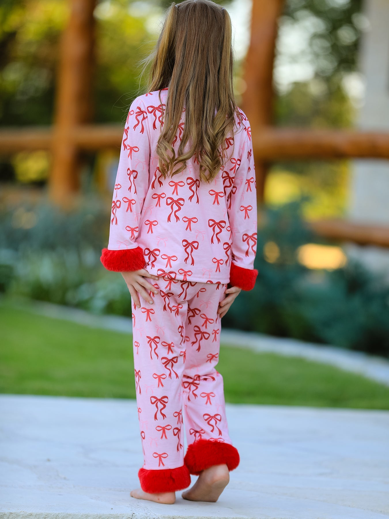Christmas Bow Girls Pajama Set with Furry Trim