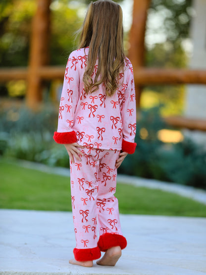 Christmas Bow Girls Pajama Set with Furry Trim
