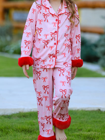 Christmas Bow Girls Pajama Set with Furry Trim