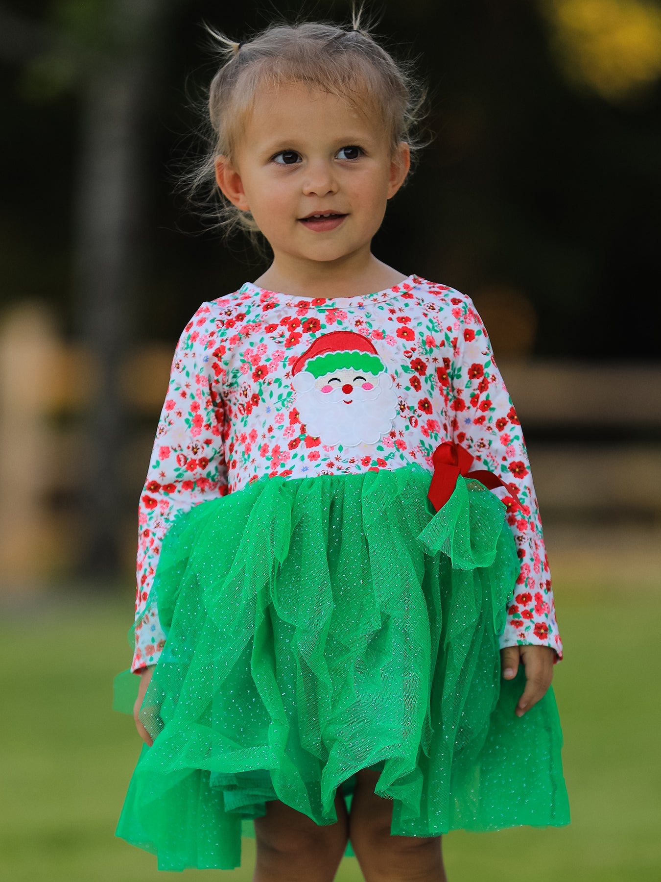 Christmas Santa Applique Floral Long Sleeve Ruffle with Bow Ties Girls Dress