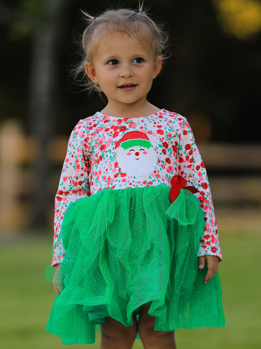 Christmas Santa Applique Floral Long Sleeve Ruffle with Bow Ties Girls Dress