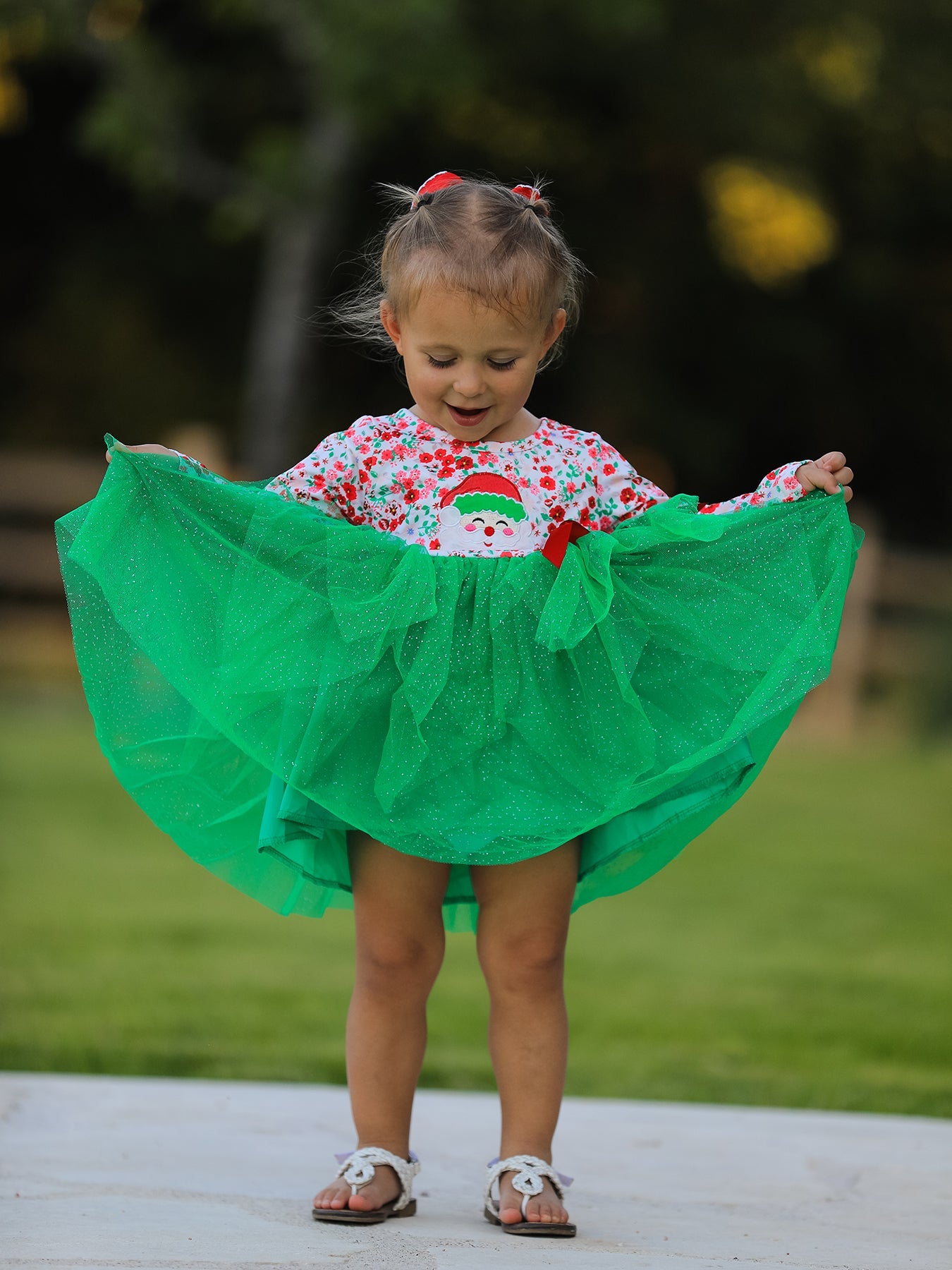 Christmas Santa Applique Floral Long Sleeve Ruffle with Bow Ties Girls Dress