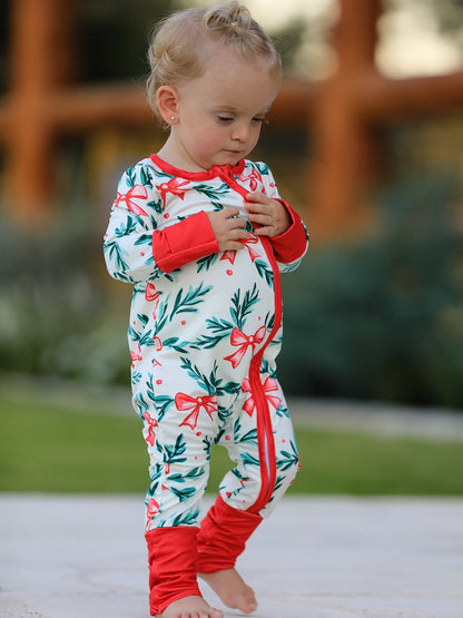 Mommy & Me Christmas Bow and Holly Print Pajama Girls Romper