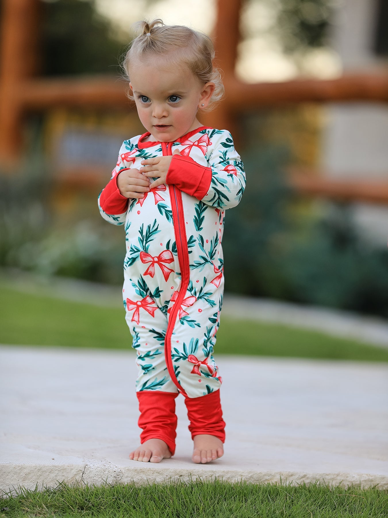 Mommy & Me Christmas Bow and Holly Print Pajama Girls Romper