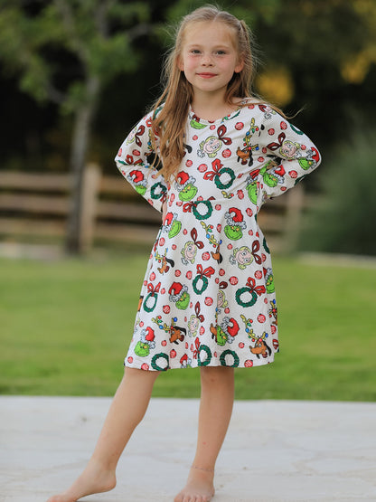 Winter Christmas Character Colorful Print  Girls Dress