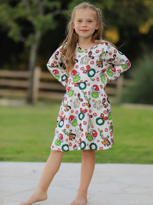 Winter Christmas Character Colorful Print  Girls Dress